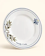 Prato raso branco Family Cook com ramo de oliveira e detalhe floral azul e amarelo