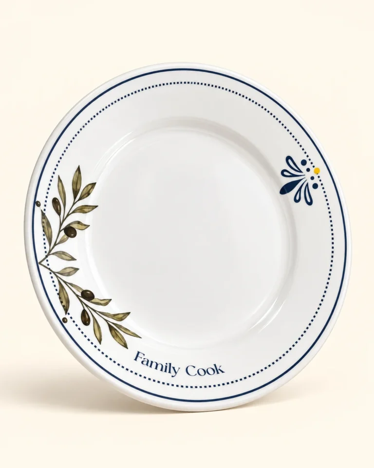 Prato raso branco Family Cook com ramo de oliveira e detalhe floral azul e amarelo