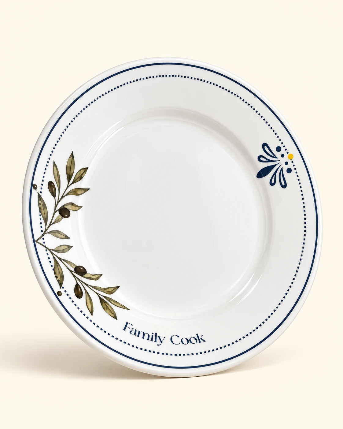 Prato raso branco Family Cook com ramo de oliveira e detalhe floral azul e amarelo