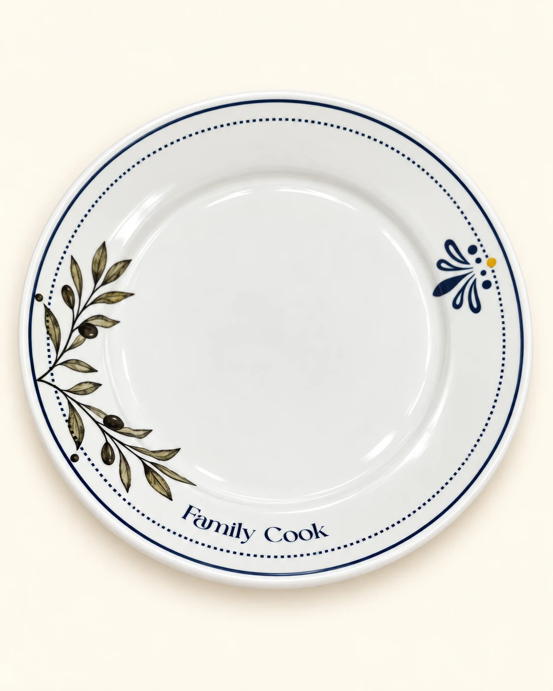 Outra vista do prato raso branco Family Cook com ramo de oliveira e detalhe floral azul e amarelo