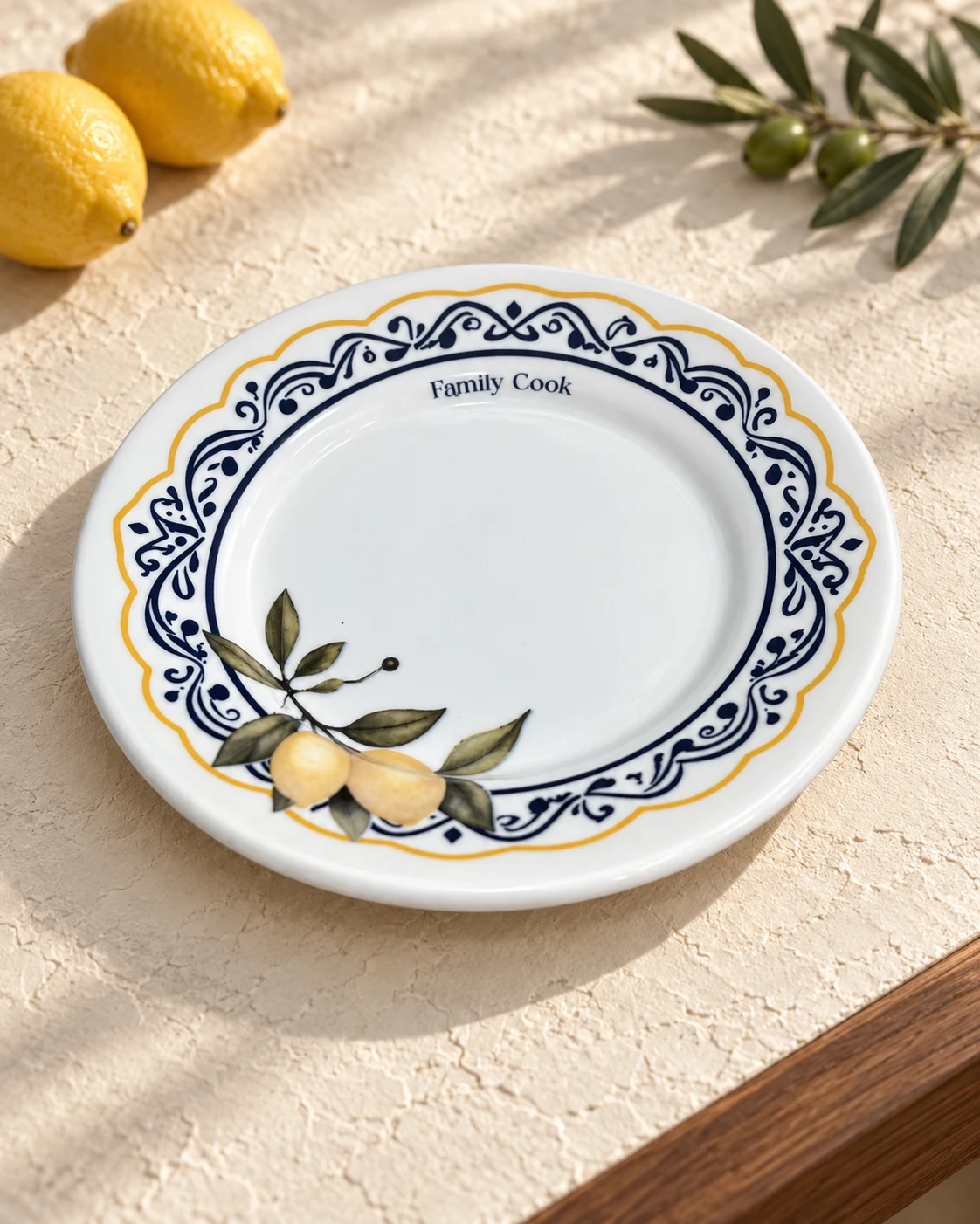 prato branco de borda ornamentada em azul e amarelo com ilustração de limões em uma cena de apresentação Family Cook